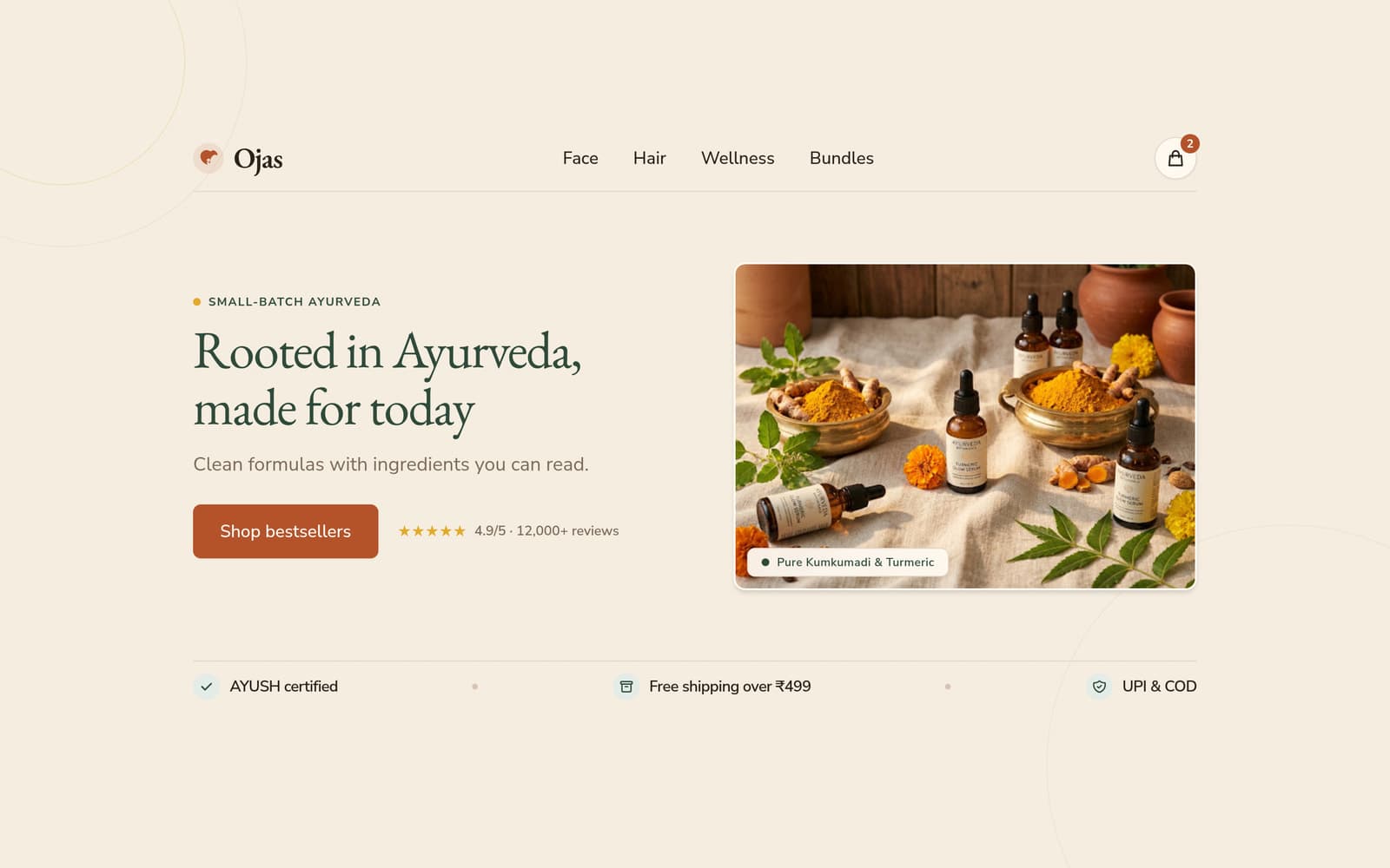 Ayurvedic wellness store home page with a product still life, trust badges and a bestseller grid