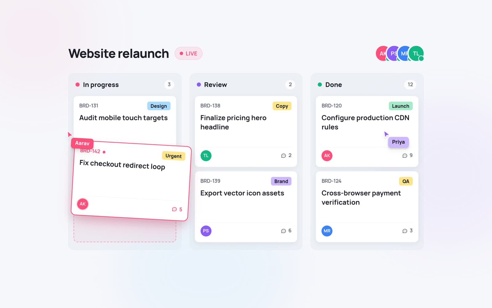 Boardly’s Kanban board with four columns of tickets, live teammate avatars and an activity feed