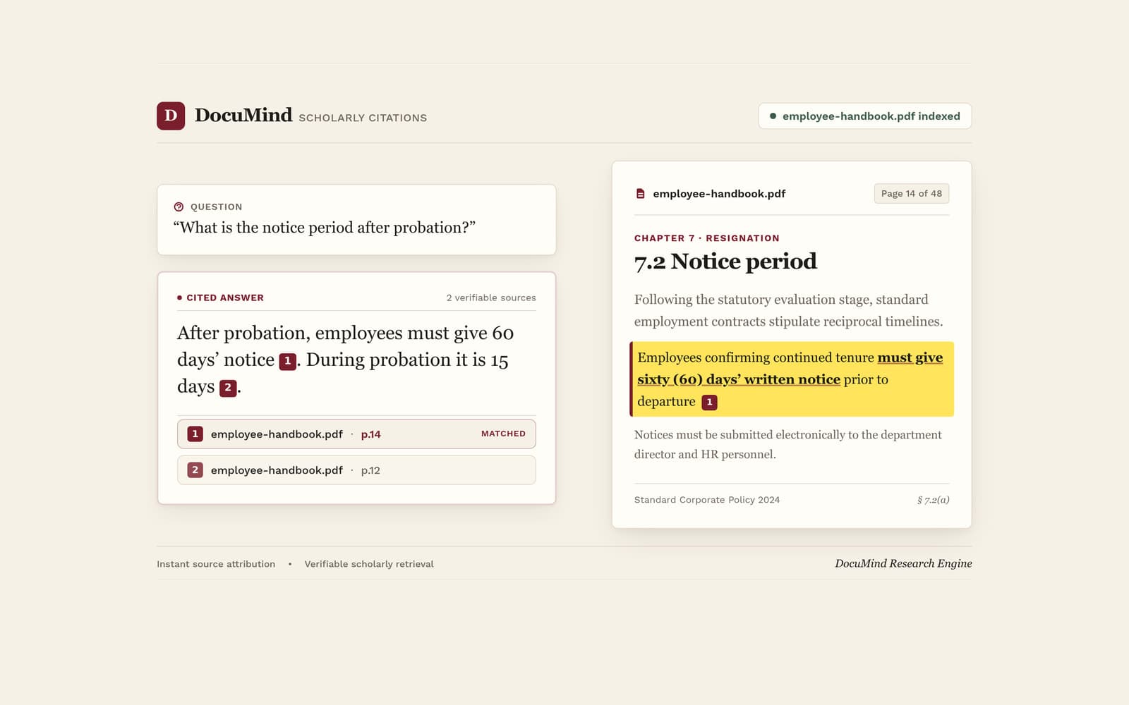 DocuMind workspace with a document library, a chat answer with numbered citations and the cited PDF page highlighted